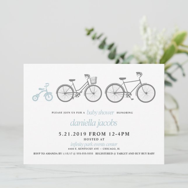 Invitation Baby shower Bicyclette Bleu (Debout devant)