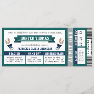 Invitation Baby shower Billet Baseball, Bleu, Vert