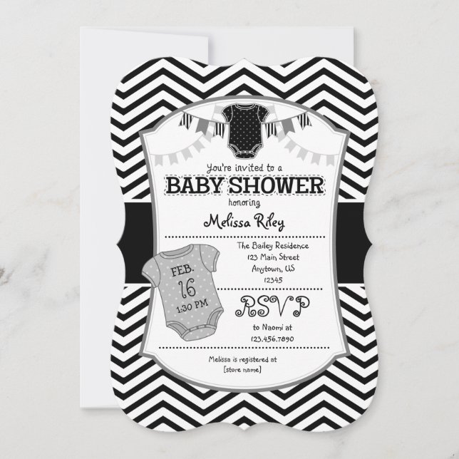 Invitation Baby shower Black Grey Chevron (Devant)