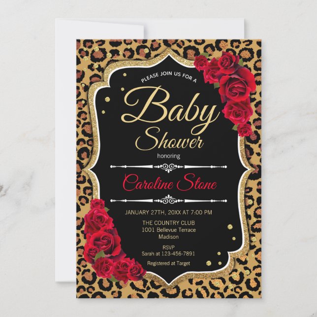 Invitation Baby shower - Black Red Gold Empreinte de léopard (Devant)