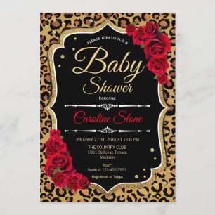 Invitation Baby shower - Black Red Gold Empreinte de léopard