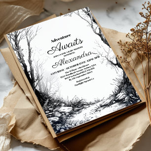 Invitation Baby shower Black White Adventure Mountain