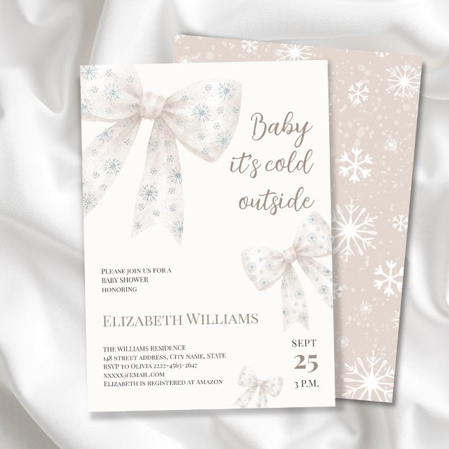 Invitation Baby shower blanc à fond (Winter Baby Shower Invitation | Baby It’s Cold Outside Theme with beige neutral Snowflake Bows)