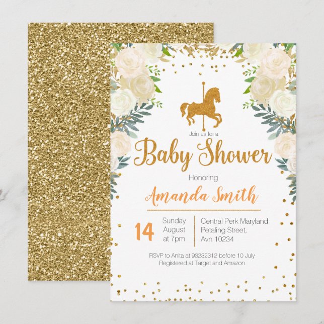 Invitation Baby shower blanc Carousel Gold (Devant / Derrière)