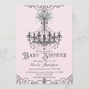 Invitation Baby shower blanc clair rose et argenté