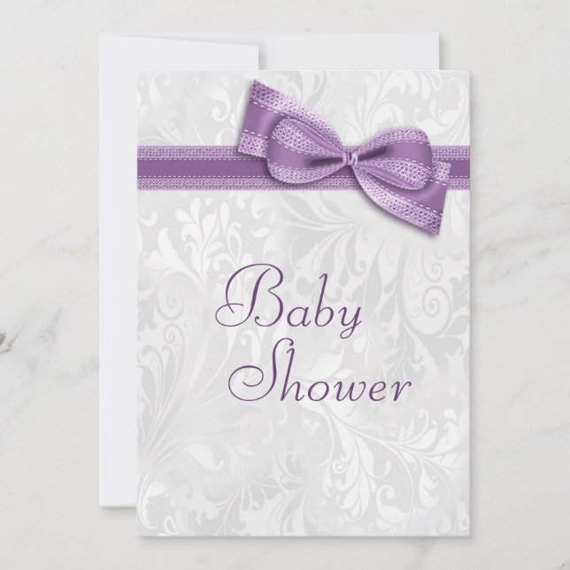 Invitation Baby shower blanc Damas et flou pourpre (Devant)
