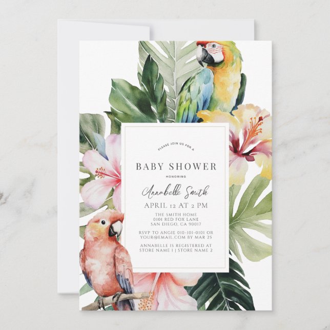 Invitation Baby shower blanc de perroquet végétal tropical (Devant)