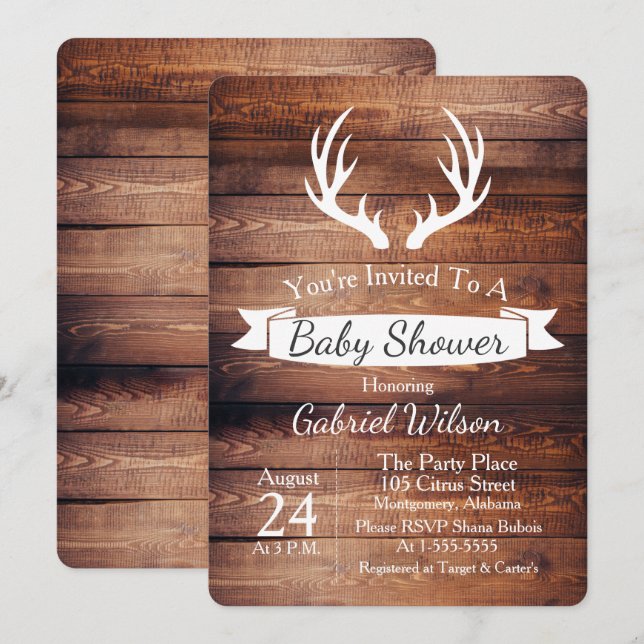 Invitation Baby shower blanc de ruban d'andouillers en bois (Devant / Derrière)
