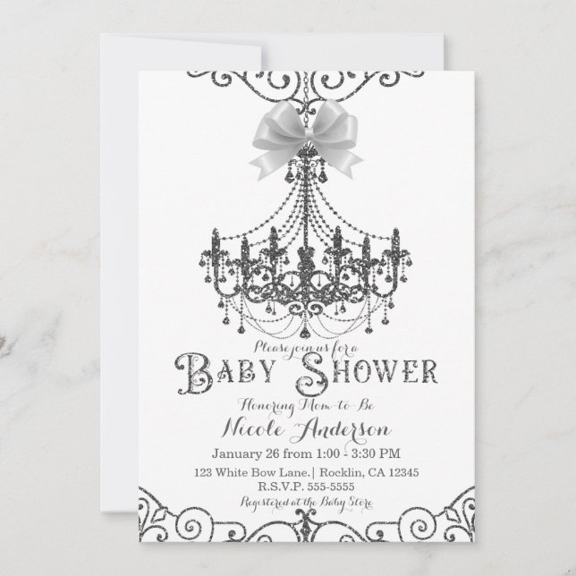 Invitation Baby shower blanc et argenté (Devant)