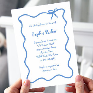 Invitation Baby shower blanc et bleu français illustré