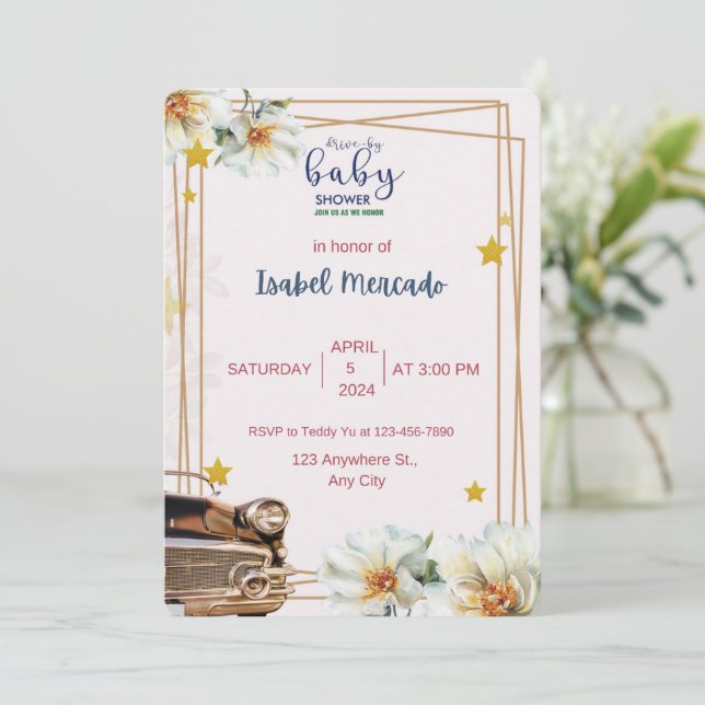 Invitation Baby shower blanc et or (Debout devant)