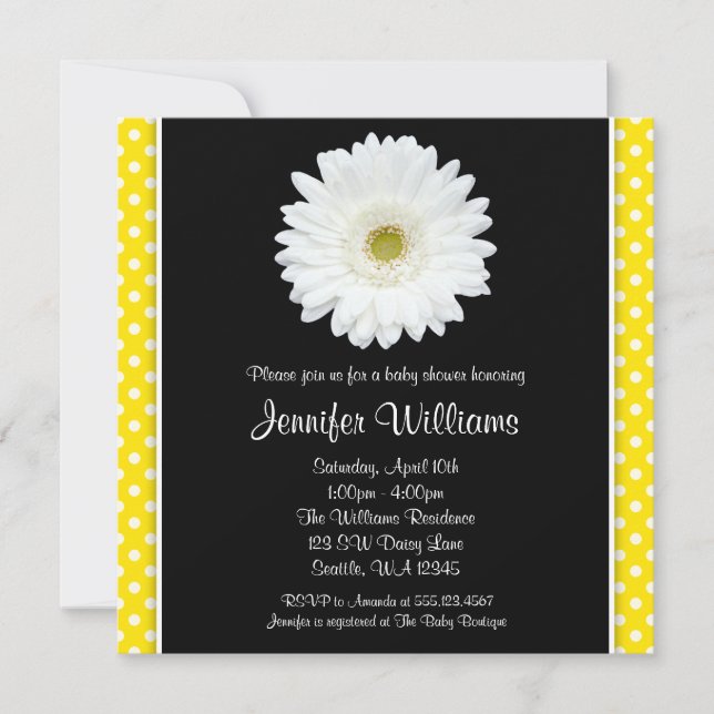 Invitation Baby shower blanc Gerbera Daisy Yellow Polka Dot (Devant)