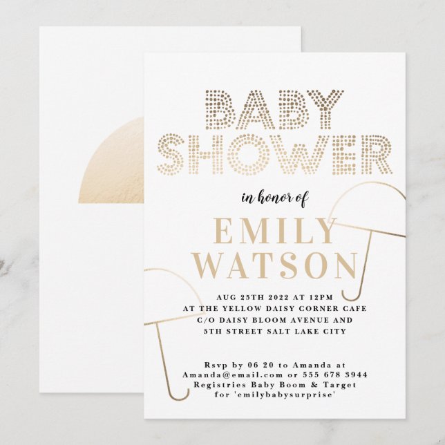 Invitation Baby shower blanc parapluie Gold Foil (Devant / Derrière)