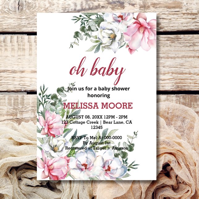 Invitation Baby shower blanc rose Magnolia (Créateur téléchargé)
