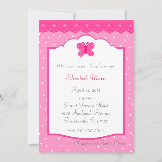 Invitation Baby shower blanc rose Pointe et papillon (Devant)