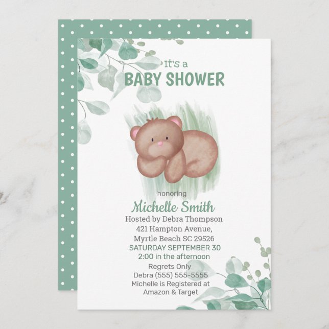 Invitation Baby shower blanc vert Ours (Devant / Derrière)
