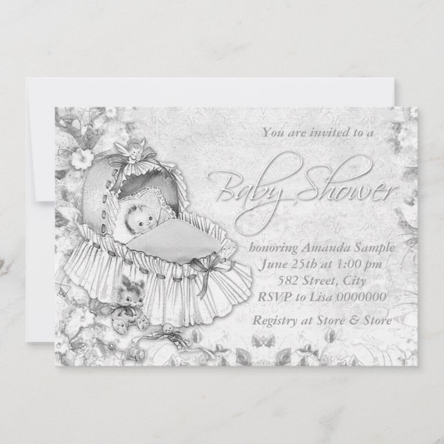 Invitation Baby shower blanc Vintage Bassinet (Devant)