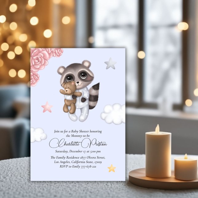 Invitation Baby shower Bleu animal du Raton doux (Gentle Raccoon Animal Blue Baby Shower Invitation)