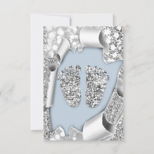 Invitation Baby shower bleu argent Pieds Parties scintillant  (Dos)