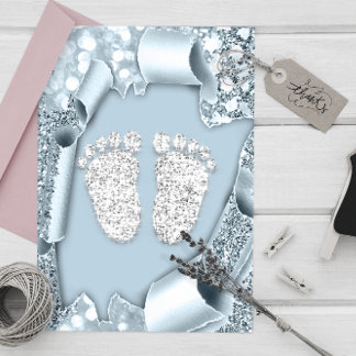 Invitation Baby shower bleu argent Pieds Parties scintillant