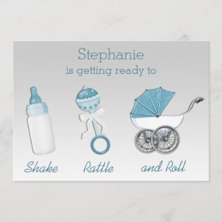 Invitation Baby shower bleu argenté de hochet et de petit