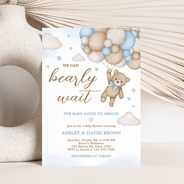 Invitation Baby shower Bleu Bear Balloons ( Blue Bear Baby Shower Invitation)