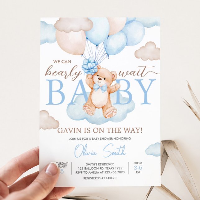 Invitation Baby shower bleu Bear Bear Balloon (Blue Bearly Wait Baby Bear Balloon Baby Shower Invitation)
