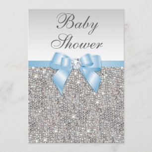 Invitation Baby shower Bleu Bébé de Faux Silver Sequins
