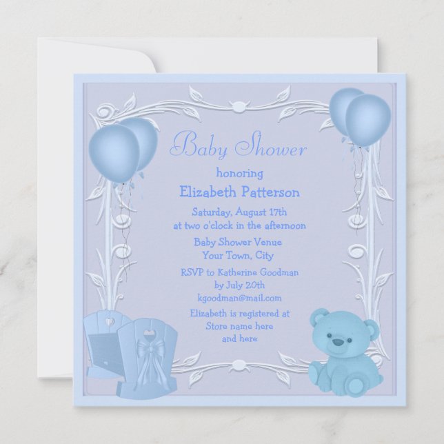 Invitation Baby shower Bleu Bleu Cute Teddy Bear & Crib (Devant)