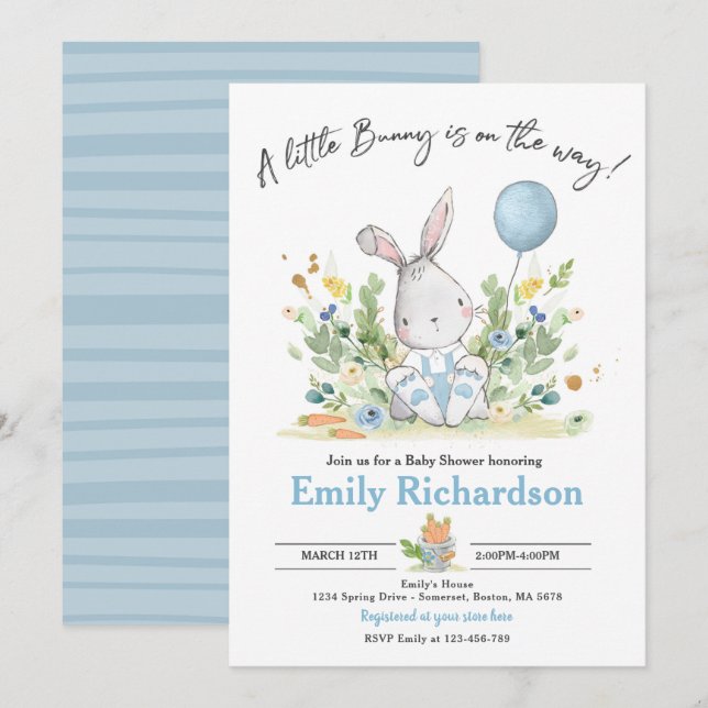 Invitation Baby shower Bleu Bleu d'aquarelle de garçon doux (Devant / Derrière)