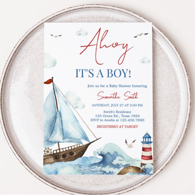 Invitation Baby shower bleu bleu rouge (Ahoy It’s A Boy Baby Shower Invitation)