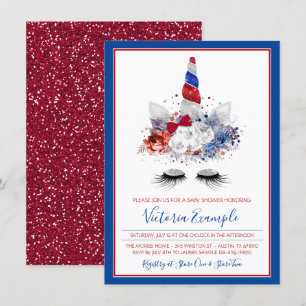 Invitation Baby shower Bleu Bleu Rouge Unicorne