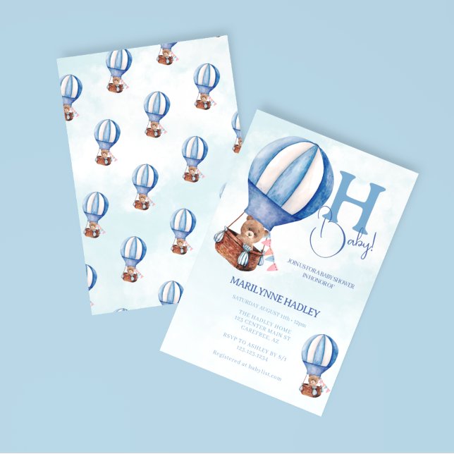 Invitation Baby shower Bleu Boho à ballon à air chaud (Créateur téléchargé)