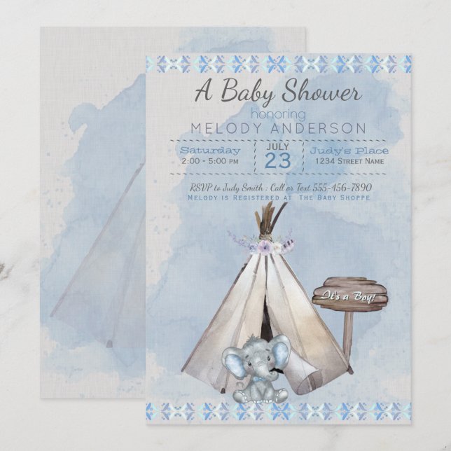 Invitation Baby shower bleu Boho Baby Elephant & Tipi (Devant / Derrière)