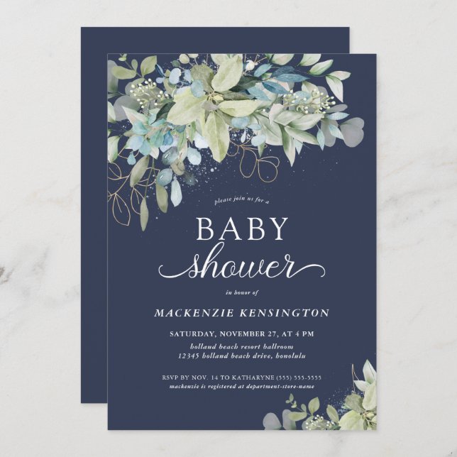 Invitation Baby shower Bleu Botanique Eucalyptus (Devant / Derrière)