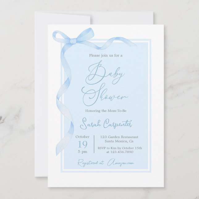 Invitation Baby shower bleu Bow garçon (Devant)