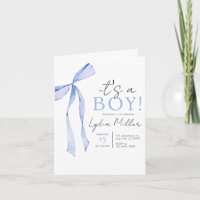 Invitation Baby shower Bleu Bow Invitation, Baby shower garço (Devant)