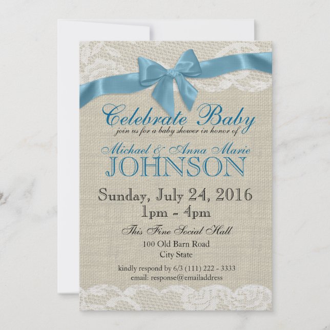 Invitation Baby shower bleu Burlap et dentelle (Devant)