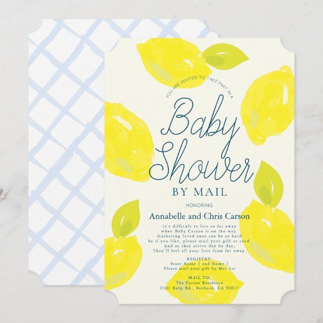 Invitation Baby shower bleu citron peint à la main par courri (Devant / Derrière)
