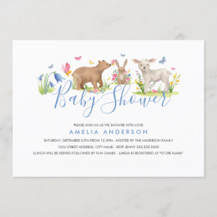 Invitation Baby shower Bleu d'animal de bois doux