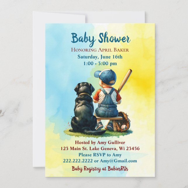 Invitation Baby shower bleu de baseball garçon et Black Lab (Devant)