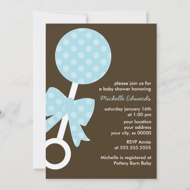 Invitation Baby shower bleu de garçon de hochet (Devant)