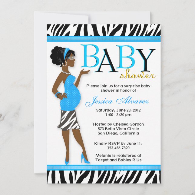 Invitation Baby shower bleu de zèbre de maman moderne (Devant)