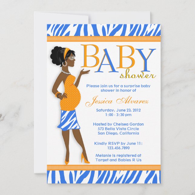 Invitation Baby shower bleu de zèbre de maman moderne (Devant)