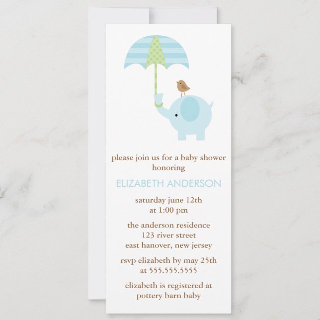 Invitation Baby shower bleu d'éléphant (Devant)