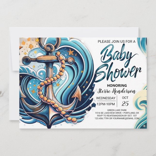 Invitation Baby shower Bleu des vagues nautiques (Devant)