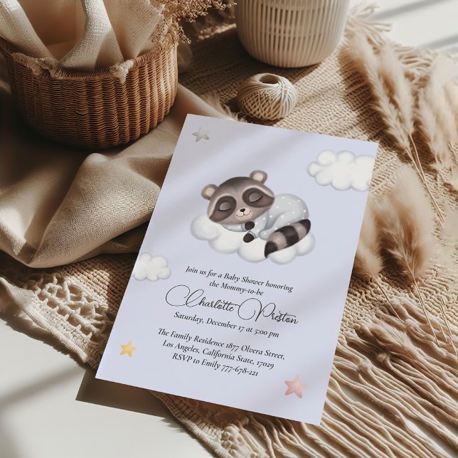 Invitation Baby shower bleu doux pour bébé garçon Raccoon (Gentle Raccoon Animal Gender Neutral Baby Shower Invitation)