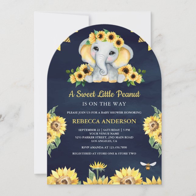 Invitation Baby shower bleu éléphant de la marine des tournes (Devant)