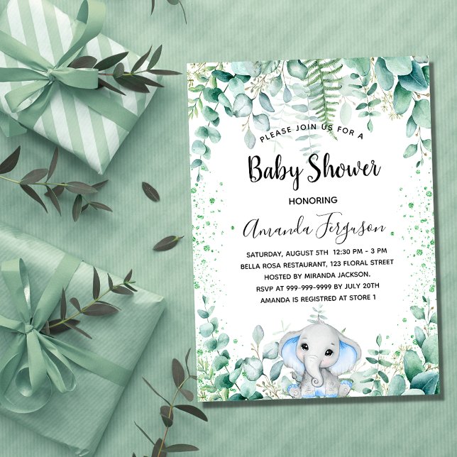 Invitation Baby shower bleu éléphant garçon eucalyptus luxe (Créateur téléchargé)