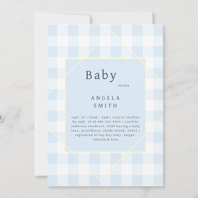 Invitation Baby shower bleu En vichy simple (Devant)